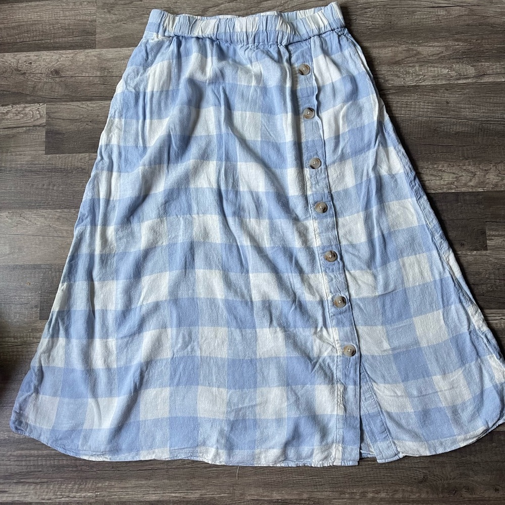 Madewell Blue and White Plaid Midi Skirt